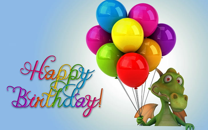 Happy Birthday funny, happy birthday, Happy, birthday, balloons, funny, dragon, 3d, colorful, HD wallpaper