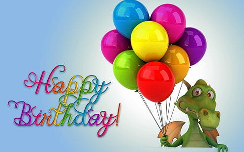 Happy Birthday funny, happy birthday, Happy, birthday, balloons, funny, dragon, 3d, colorful, HD wallpaper HD wallpaper