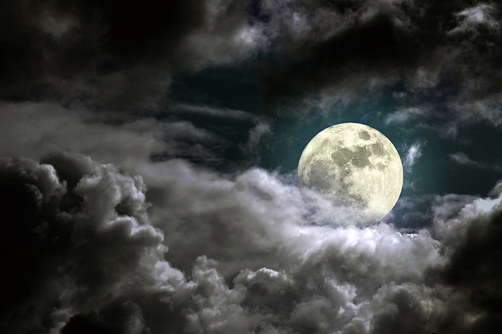 Dark sky, 5K, Full moon, Clouds, HD wallpaper