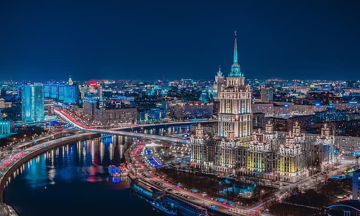 jembatan, sungai, bangunan, rumah, Moskow, Rusia, kota malam, Sungai Moskow, Jembatan Novoarbatsky, Dmitry Trepolsky, Hotel Ukraina, Wallpaper HD