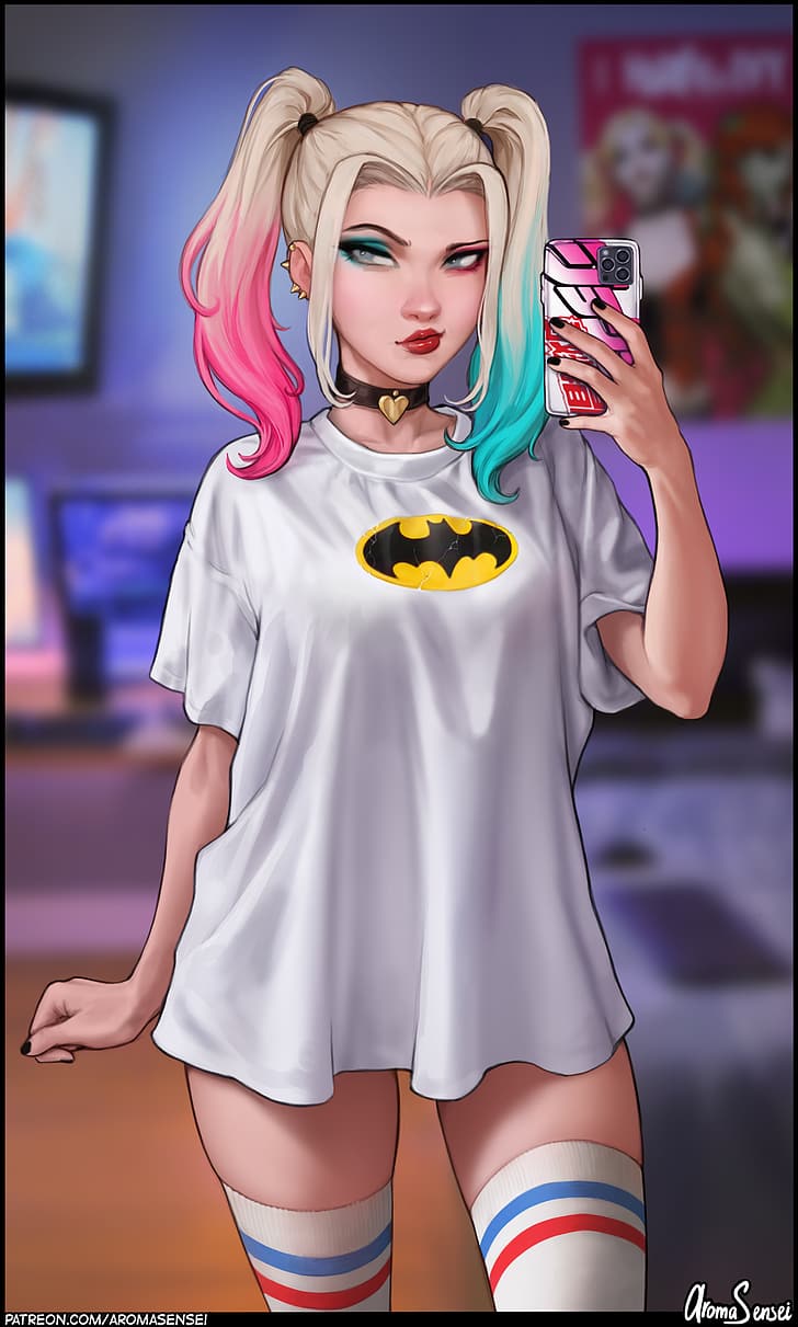 Harley Quinn, DC Comics, fictional character, twintails, T-shirt, thigh high socks, cellphone, artwork, drawing, fan art, 2D, Aroma Sensei, HD wallpaper