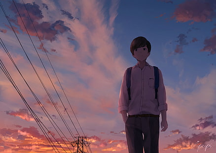 chłopiec anime, niebo, spacery, mundurek szkolny, sceniczny, anime, Tapety HD HD wallpaper