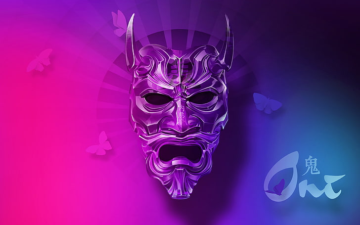 devil mask, oni, horns, butterflies, Fantasy, HD wallpaper
