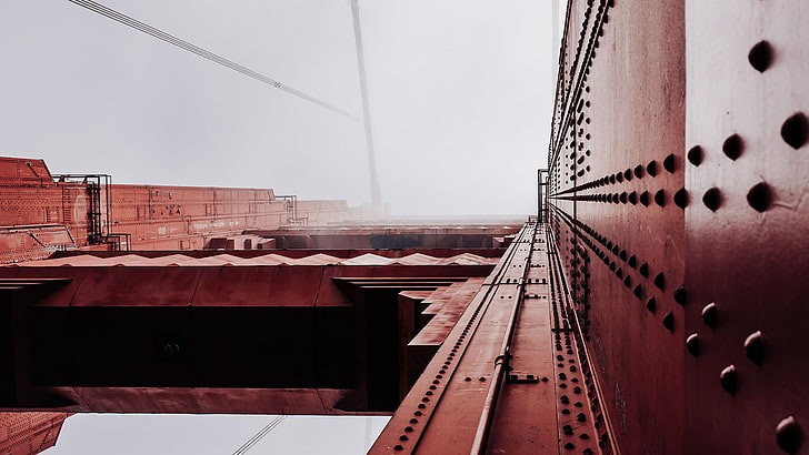 white and black metal frame, mist, sunlight, bridge, red, metal, Golden Gate Bridge, HD wallpaper
