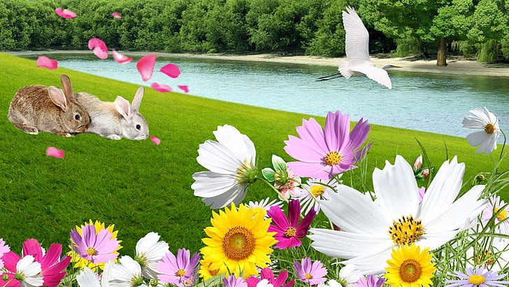 Petals In The Wind, breeze, lake, grass, bird, trees, rabbits, river, bunny, fleurs, pond, lawn, wind, wild flowers, HD wallpaper