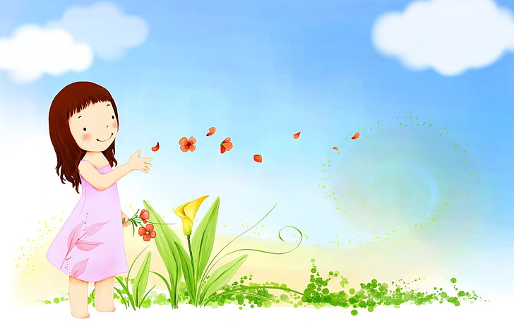 butterfly, children, clouds, cute, flowers, girl, happy, mood, sky, summer, vector, HD wallpaper