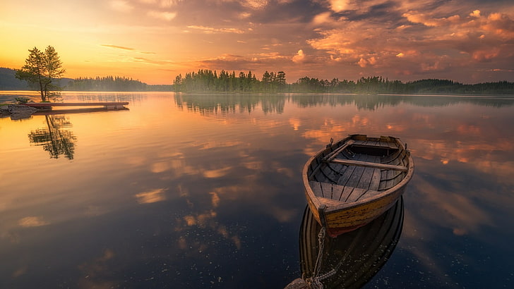 reflection, water, nature, sky, waterway, reflected, boat, calm, lake, sunset, horizon, evening, loch, HD wallpaper