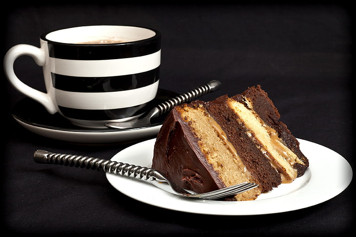 Schokoladenkuchen, Kaffee, Lebensmittel, Cup, Süßigkeiten, Kuchen, Dessert, Schokolade, Glasur, HD-Hintergrundbild