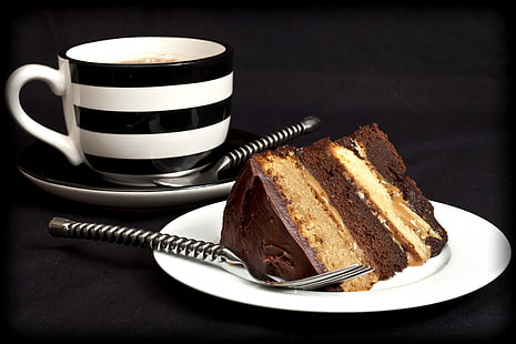 шоколадова торта, кафе, храна, чаша, сладкиши, торта, десерт, шоколад, глазура, HD тапет HD wallpaper