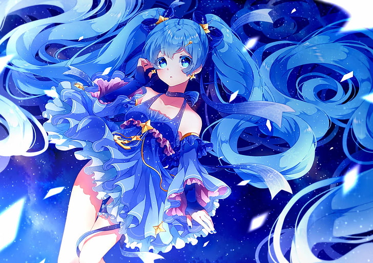 Vocaloid, Hatsune Miku, blue hair, blue eyes, blue dress, twintails, anime, anime girls, HD wallpaper