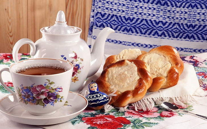 white ceramic teapot and cup, cheese, cheesecake, photo, tea, mug, teapot, HD wallpaper
