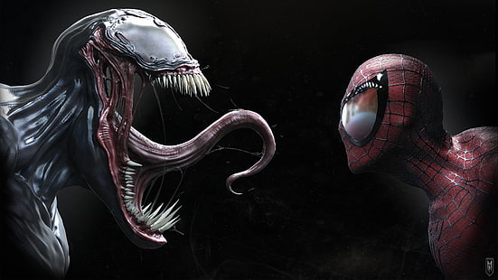 Tapeta Marvel Spider-Man and Venom, Symbiote, Spider-Man, Venom, proste tło, język na zewnątrz, Marvel Comics, Tapety HD HD wallpaper