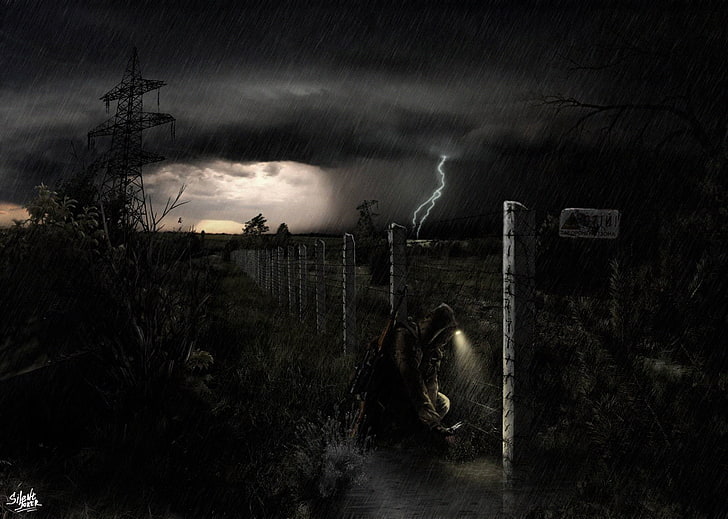 the storm, night, rain, soldiers, Chernobyl, stalker, area, HD wallpaper