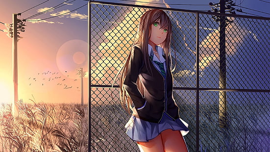 Anime, Anime Mädchen, Brünette, lange Haare, wegsehen, Schuluniform, HD-Hintergrundbild HD wallpaper