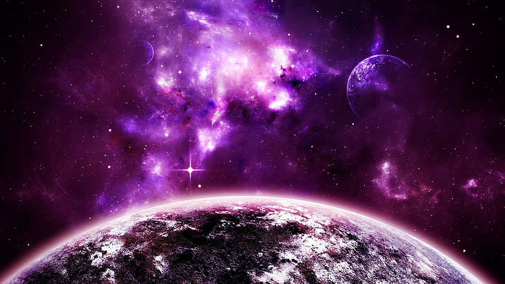 Fioletowa przestrzeń, ilustracja fioletowego nieba, przestrzeń, 1920 x 1080, planeta, wszechświat, galaktyka, Tapety HD