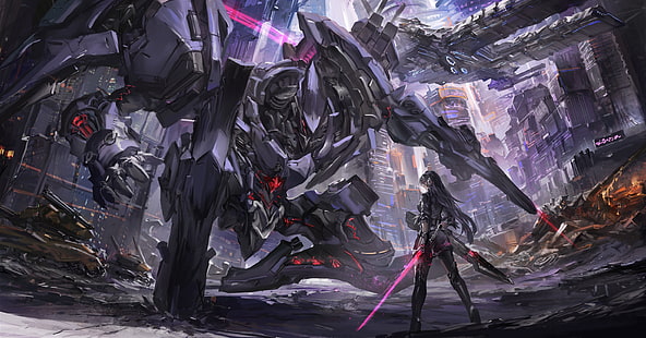 Anime Mädchen, Mecha, Roboter, Science-Fiction, futuristische Stadt, Zerstörung, Doppelschwert, Anime, HD-Hintergrundbild HD wallpaper