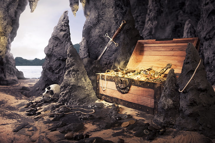 brown wooden treasure chest, sand, sea, beach, stones, rocks, skull, sword, necklace, pearl, coins, chest, treasures, HD wallpaper