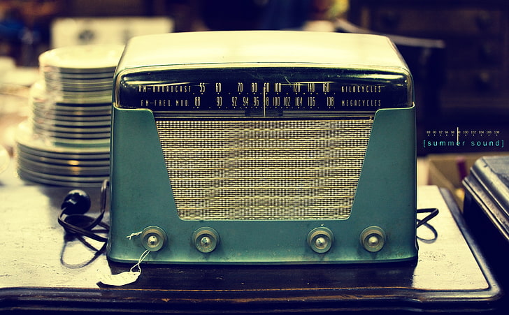 Summer Sound, vintage teal and gray radio, Vintage, Rusted, Blue, Summer, Music, Color, Four, Sound, Broken, happiness, light blue, Radio, Cables, faded, Knobs, Asheboro, Kilocycles, Megacycles, tuner, Antique Mall, Interlaced Grill, Personification, HD wallpaper