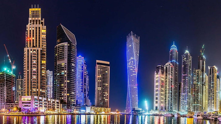 Dubaj, oświetlony, Azja, Zjednoczone Emiraty Arabskie, śródmieście, dzień, odbicie, atrakcja turystyczna, noc, obszar metropolitalny, wieża, sylwetka na tle nieba, wieżowiec, punkt orientacyjny, miasto, metropolia, drapacz chmur, pejzaż miejski, Tapety HD