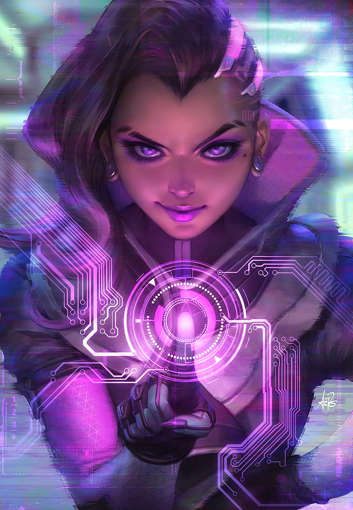 Overwatch, Sombra, Sombra (Overwatch), long hair, purple eyes, hacking, hackers, HD wallpaper