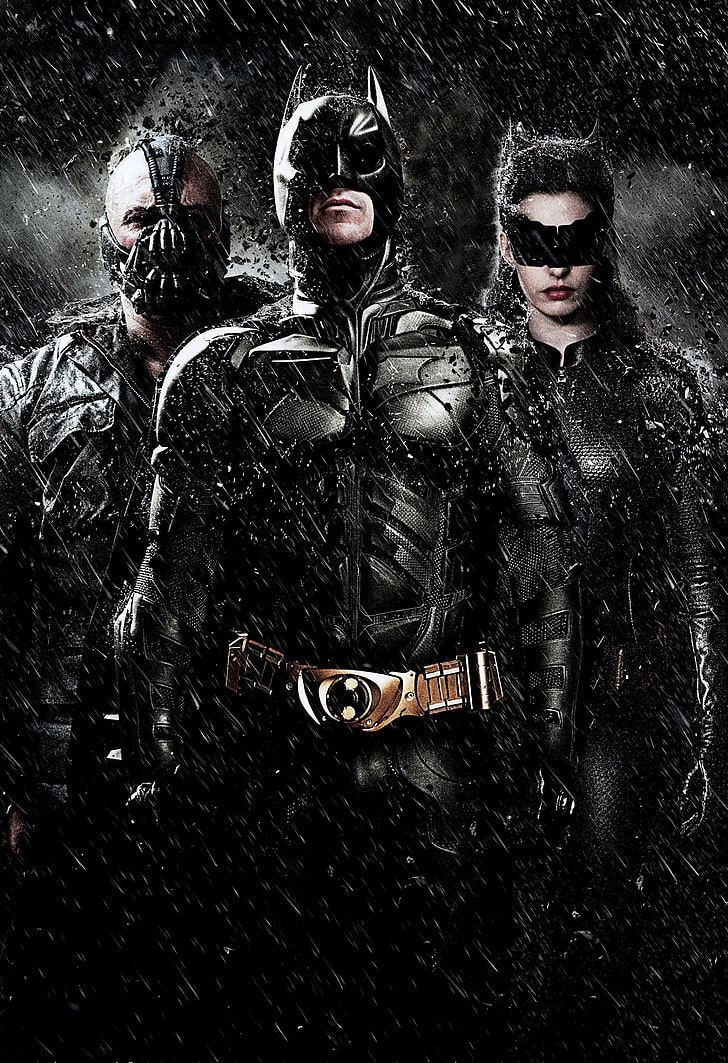 Batman, Catwoman, Bane, Christian Bale, Anne Hathaway, Tom Hardy, Bruce Wayne, Selina Kyle, The Dark Knight Rises, pluie, films, Fond d'écran HD, fond d'écran de téléphone
