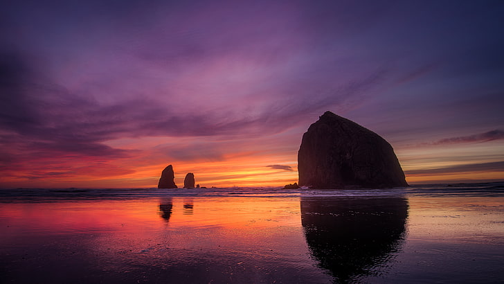 pierre dans un plan d'eau à l'aube, paysage, ultra HD, Oregon, Cannon Beach, plage, Fond d'écran HD