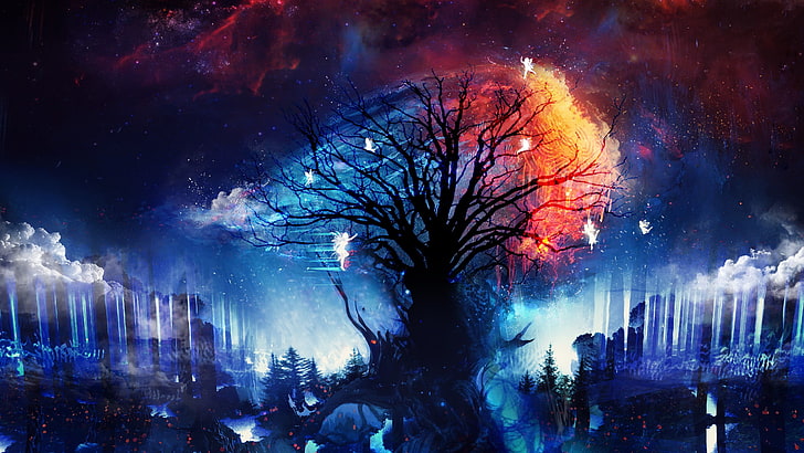 Schattenbild des blattlosen Baums unter digitaler Tapete des nächtlichen Himmels, Grafik, digitale Kunst, Fantasiekunst, Bäume, Feen, Sterne, HD-Hintergrundbild