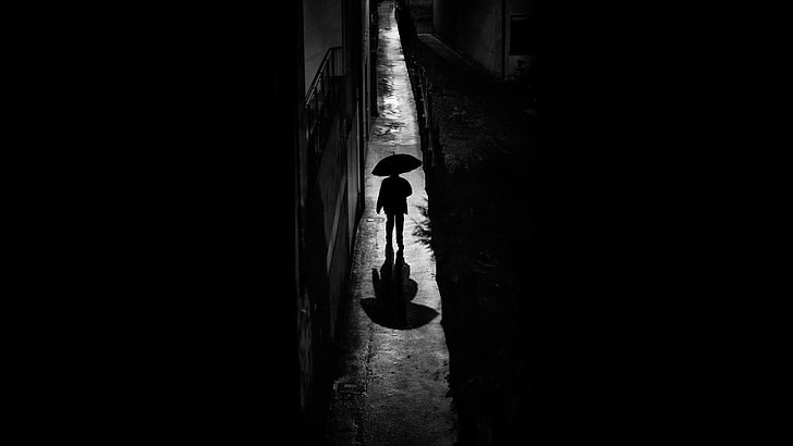 alone, dark, night, monochrome, umbrella, shadow, HD wallpaper