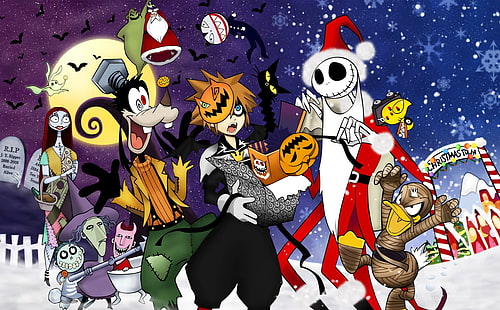 Kingdom Hearts Meets Jack, santa claus, kingdom hearts, nightmare before christmas, boogeyman, donald, jack skellington, goofy, HD wallpaper HD wallpaper