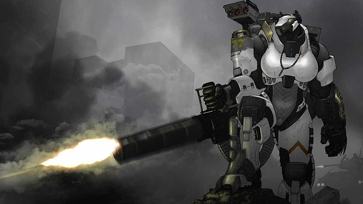 schwarzes und graues Roboterspielzeug, Anthro, Maschinengewehr, Roboter, Kettengewehre, HD-Hintergrundbild