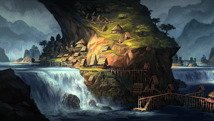 ilustração do jogo, arte de fantasia, vila, cachoeira, HD papel de parede
