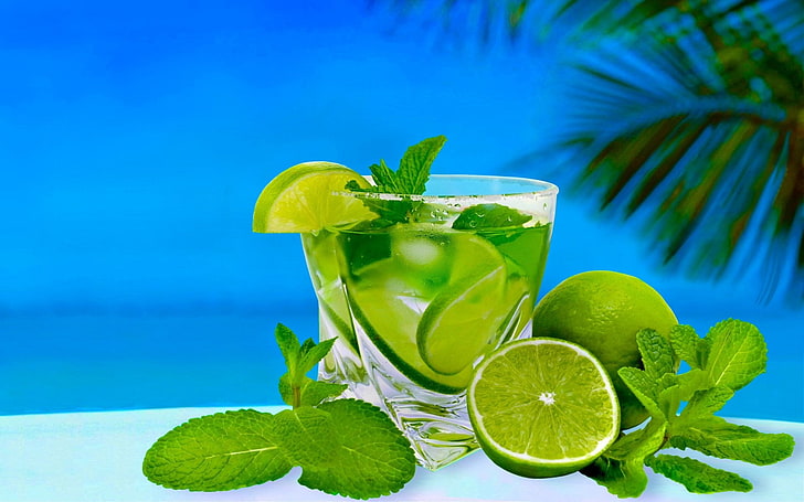 fruits de citron vert, nourriture, cocktail, bleu, boisson, verre, vert, citron, citron vert, Mojito, été, ensoleillé, tropical, Fond d'écran HD