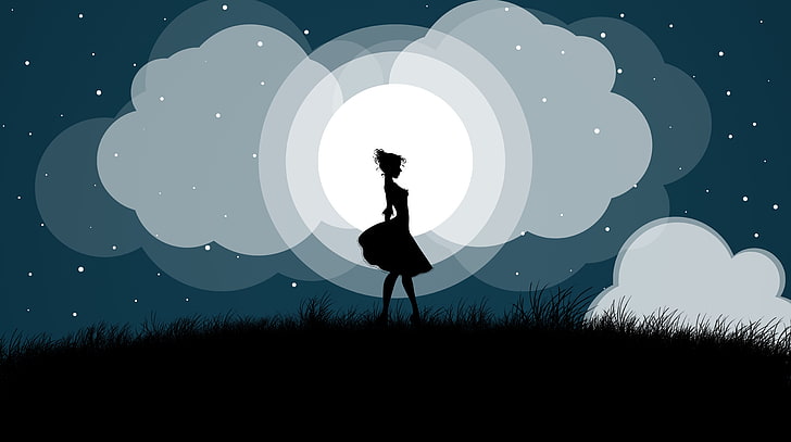 Cahaya bulan dan Gadis, karya seni siluet wanita, Aero, Seni Vektor, Ilustrasi, desain grafis, malam, seni, lucu, Wallpaper HD