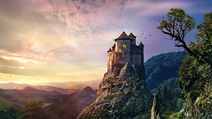 Himmel, Fantasielandschaft, Vögel, Berg, Fantasiekunst, Schloss, Bergstation, Wolke, Säugetier, HD-Hintergrundbild