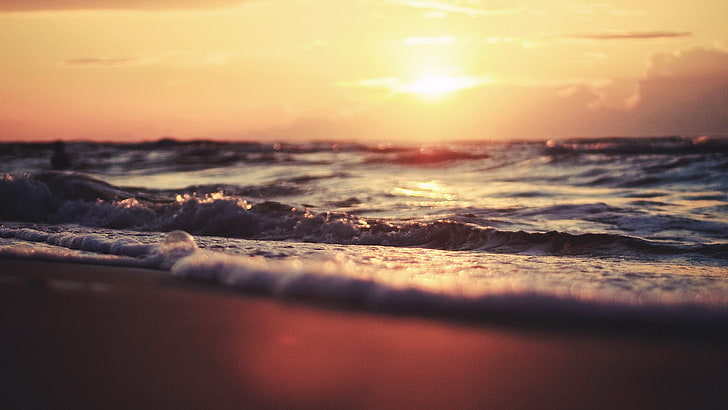 océan et bord de mer, eau, mer, lever du soleil, vagues, floue, Fond d'écran HD