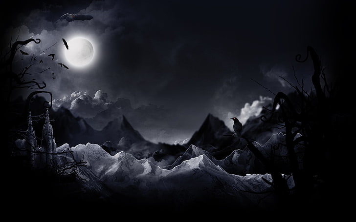 فني ، الليل ، الخفافيش ، القلعة ، الغيمة ، الظلام ، القمر ، الغراب، خلفية HD