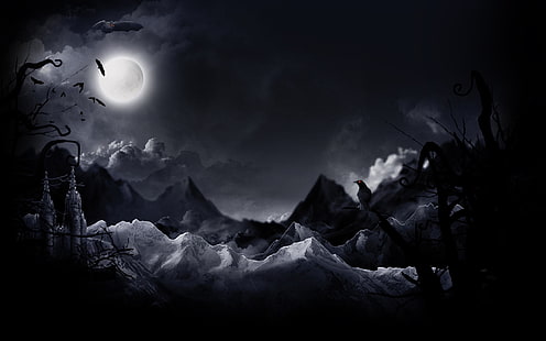 فني ، الليل ، الخفافيش ، القلعة ، الغيمة ، الظلام ، القمر ، الغراب، خلفية HD HD wallpaper