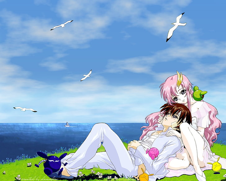 Mobile Suit Gundam Seed anime illustration, boy, girl, tenderness, touch, gulls, creatures, HD wallpaper