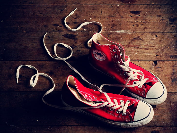 red Converse All-Star high-top shoes, photo, background, Wallpaper, sneakers, red, different, laces, HD wallpaper