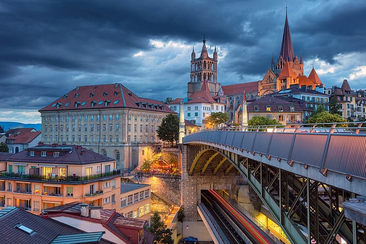 jembatan, gedung, rumah, Swiss, Katedral, Lausanne, Wallpaper HD