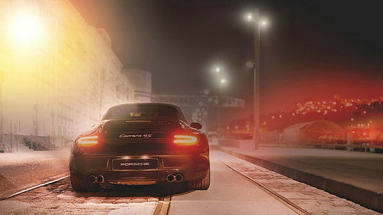schwarzer Porsche Carrera, schwarzes Auto auf weißer Betonstraße, Auto, Porsche 911 Carrera S, Stadtbild, HD-Hintergrundbild HD wallpaper