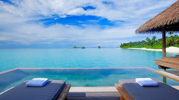 landscape photo of seashore, swimming pool, beach, resort, sea, palm trees, tropical, Maldives, water, clouds, summer, nature, landscape, HD wallpaper