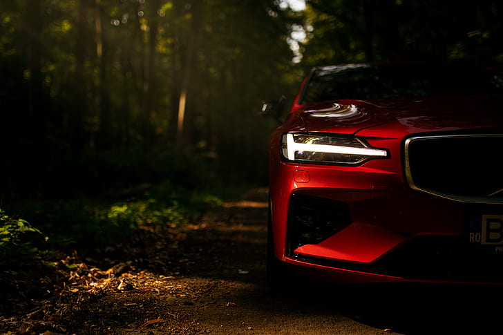 mobil merah, kedalaman bidang, hutan, lampu LED, Volvo S60, Sedan, Wallpaper HD