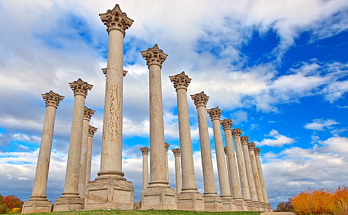 National Capitol Columns, beige concrete pillars, United States, Washington, Blue, Orange, Travel, Colorful, Lines, Beautiful, Landscape, Autumn, Yellow, Spring, Green, White, Scenery, Trees, Building, Scene, Columns, Background, Classic, Architecture, Cloudy, Colors, Vertical, Colourful, Stone, Park, America, United, Urban, Clouds, Fall, Beauty, American, Scenic, Epic, Historic, States, Meadow, Picture, foliage, surreal, Path, History, Capitol, Arboretum, Colours, passage, historical, pathway, vibrant, passageway, Pillars, unitedstates, districtofcolumbia, americana, capital, landmark, tourism, resource, corinthian, ellipse, knoll, HD wallpaper HD wallpaper