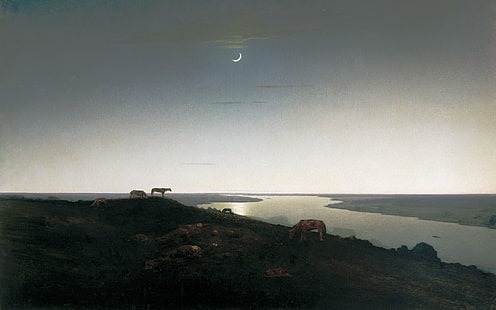 ภาพถ่ายทางอากาศของผืนน้ำศิลปะคลาสสิกศิลปะคลาสสิก Arkhip Kuindzhi แม่น้ำกลางคืนพระจันทร์เสี้ยว, วอลล์เปเปอร์ HD HD wallpaper