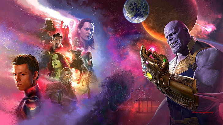 espace, Vision, Terre, Falcon, planète, Spider-Man, Loki, Peter Parker, Mantis, Scarlet Witch, Titan, artbook, Black Panther, Peter Quill, Gamora, Groot, Doctor Strange, Wanda Maximoff, Star Lord, Thanos, SamWilson, T`Challa, Guardian of the Galaxy, Drax The Destroyer, Nick Furry, Avengers Infinity War, infinity gems, Fond d'écran HD