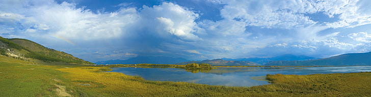 ภาพวาดนามธรรมสีฟ้าและสีขาวธรรมชาติทิวทัศน์น้ำท้องฟ้าเมฆพาโนรามา, วอลล์เปเปอร์ HD