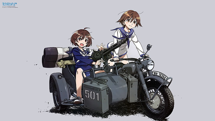 Anime Girls, Motorrad, Maschinengewehr, Mädchen mit Gewehren, einfacher Hintergrund, Strike Witches, HD-Hintergrundbild