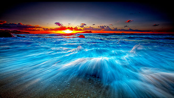 คลื่นไฟเบอร์สีน้ำเงินภาพประกอบคลื่นทะเลคลื่นชายหาดเกาะมหาสมุทรสีฟ้า 3 มิติและนามธรรม, วอลล์เปเปอร์ HD
