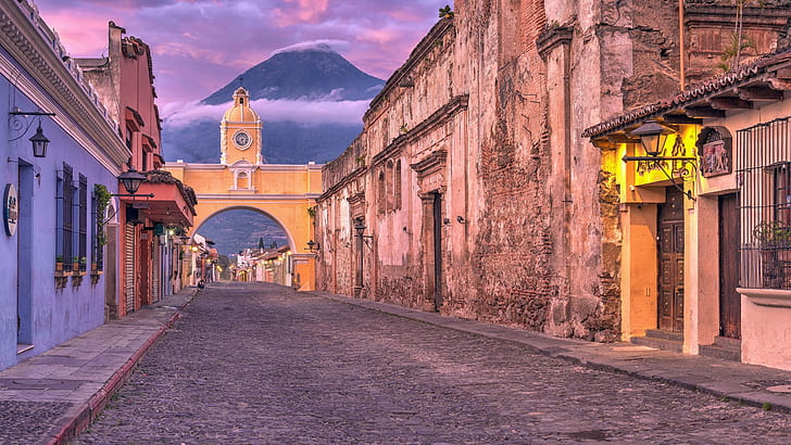 Antigua Guatemala, łuk, ulica, Tapety HD